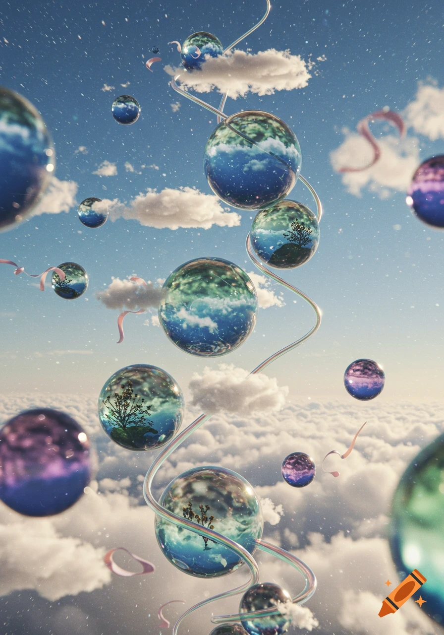Glass spheres with miniature landscapes and trees float among clouds in a blue sky, connected by shimmering ribbons, creating a dreamy, surreal scene.