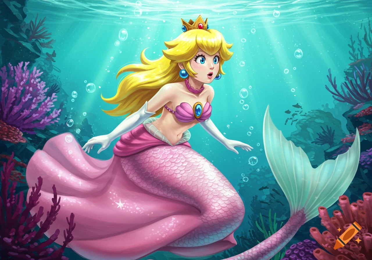 Princess Peach as a mermaid with a surprised expression floats underwater among coral and bubbles in a vibrant illustration.