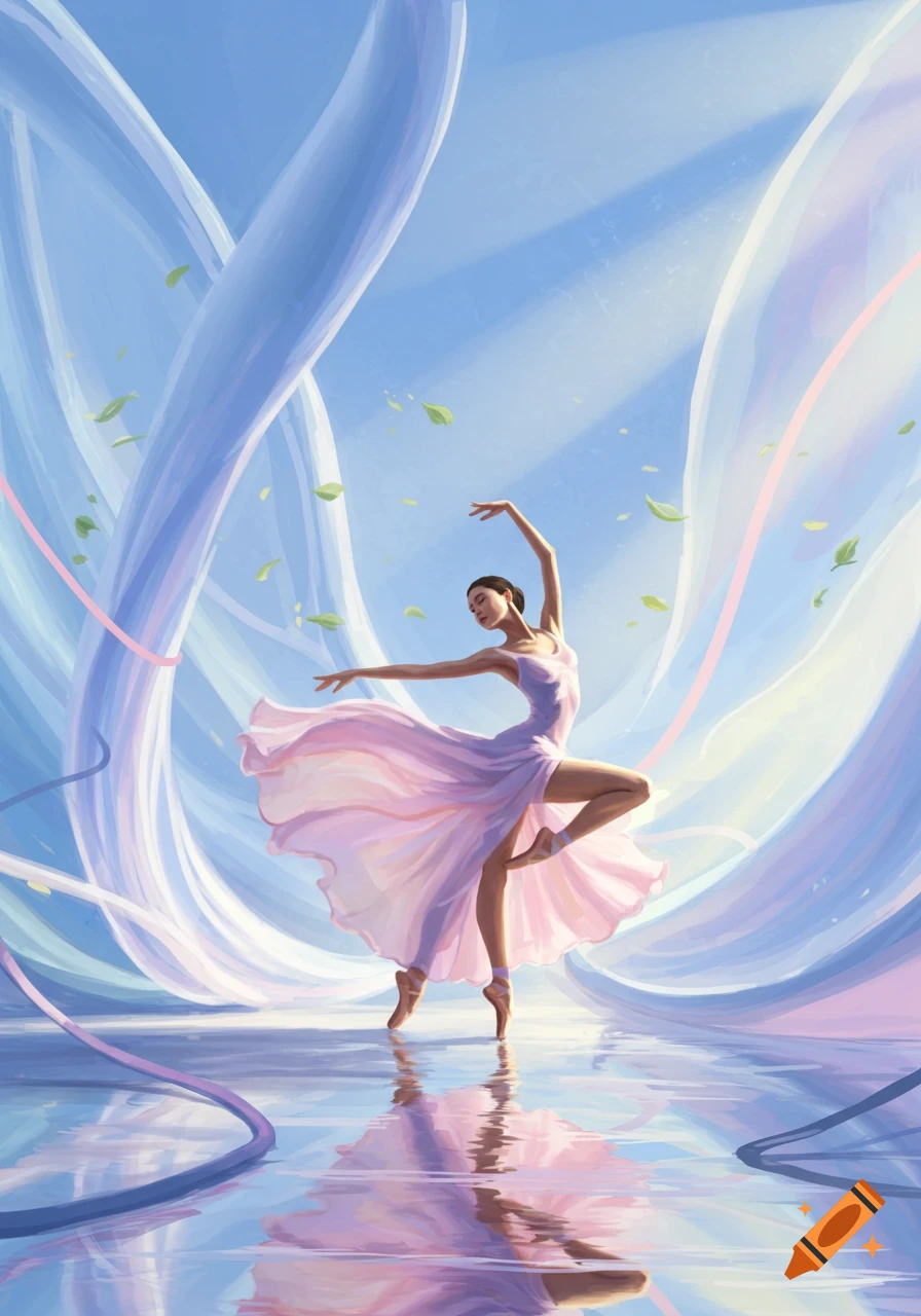 A ballerina in a flowing pink dress dances on a reflective surface surrounded by ethereal blue ribbons and floating green leaves.
