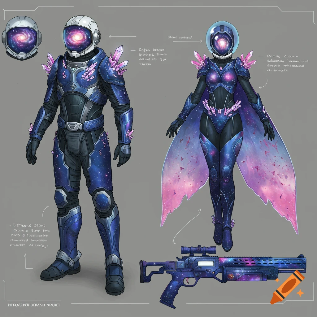 Detailed concept art showcasing a male and female astronaut suit with galaxy and crystal themes, alongside a matching weapon, all against a plain grey background.