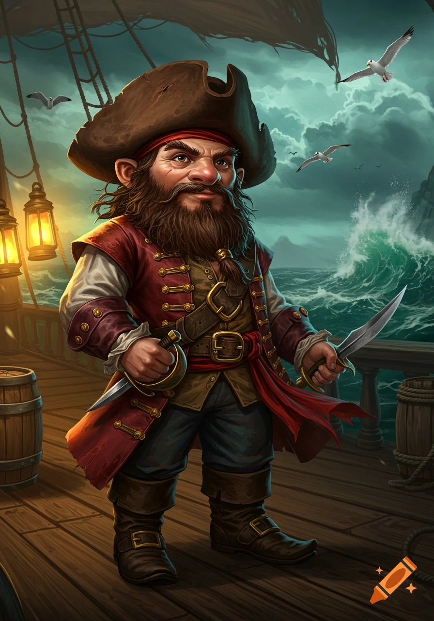 A detailed illustration of a gnome pirate with a beard and tricorn hat, holding two daggers on a ship deck with a stormy sea in the background.