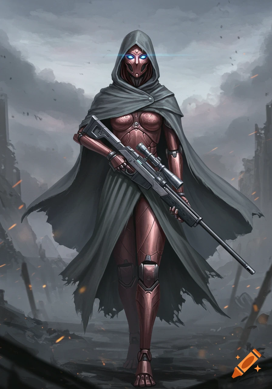 A hooded rose-gold warforged robot with glowing blue eyes holds a sniper rifle while walking through a ruined city.