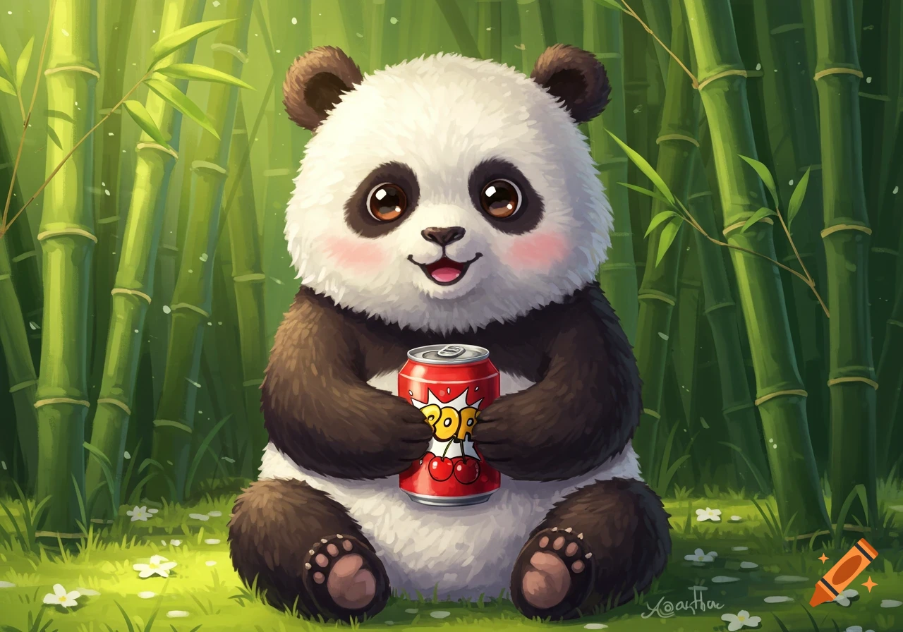 A cute cartoon panda sitting in a bamboo forest, happily holding a red soda can with 'POP!' written on it.