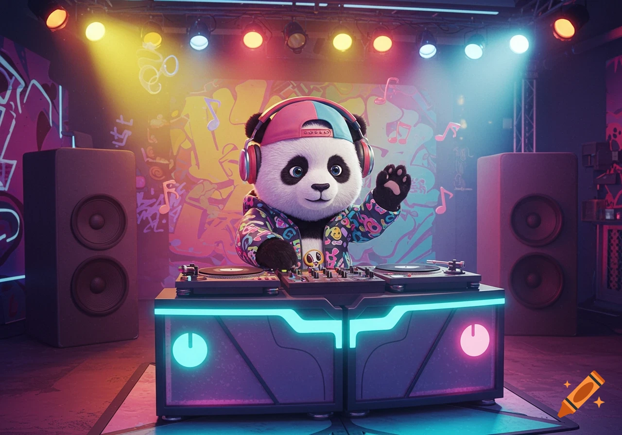 A cute 3D panda DJ wearing headphones and a colorful jacket, standing behind turntables on a stage with neon graffiti and spotlights.
