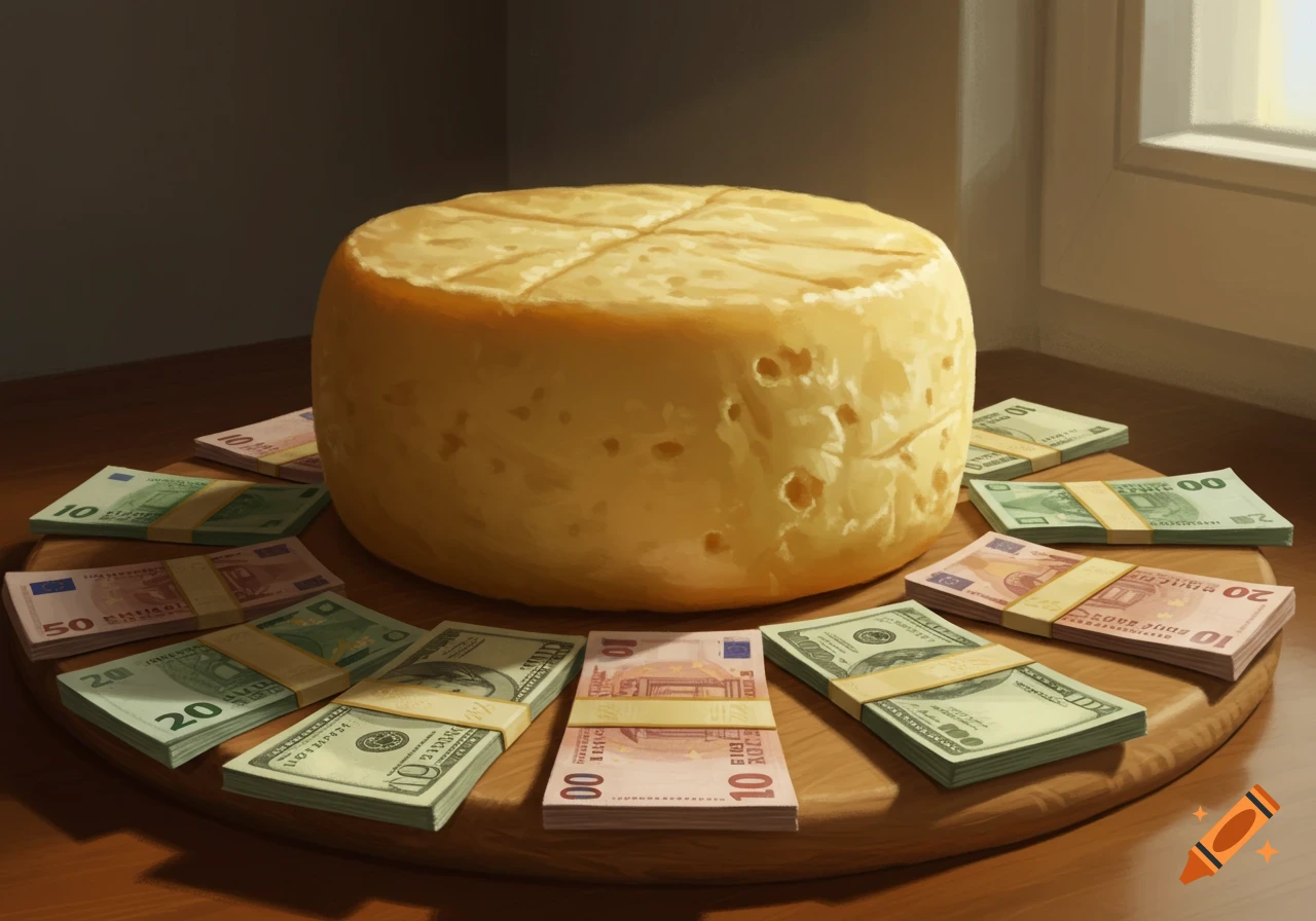 A large round cheese wheel sits on a wooden board, surrounded by stacks of various international currency notes.