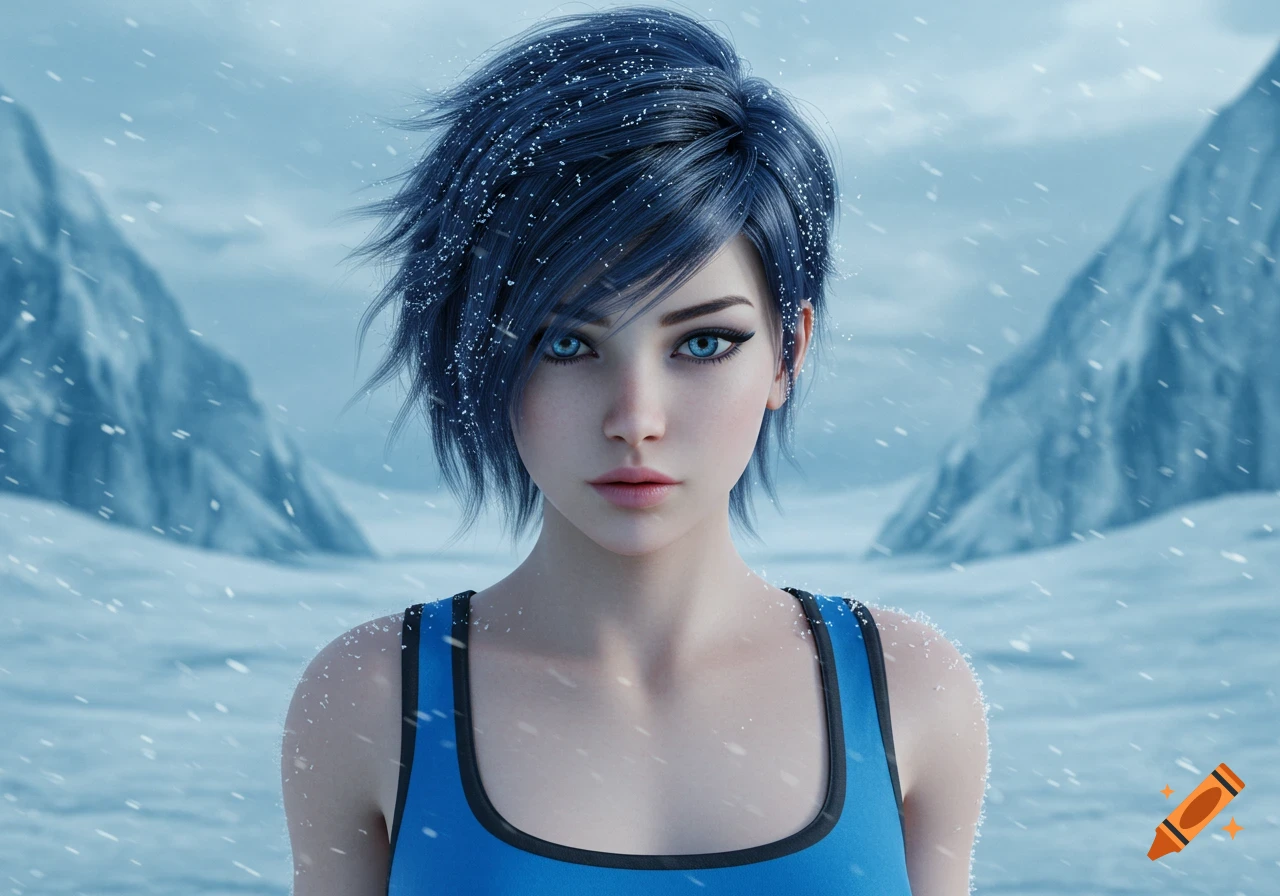 A 3D rendered portrait of a young woman with blue hair and blue eyes, wearing a blue top, in a snowy mountain landscape with falling snow.