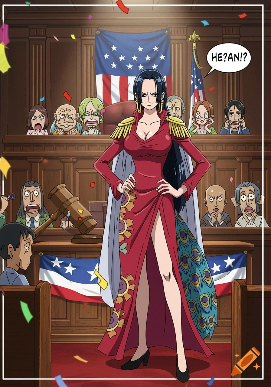 Anime character Boa Hancock in a red dress stands in a courtroom with shocked onlookers and an American flag.