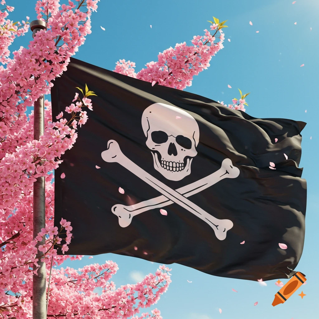 A black Jolly Roger flag with a white skull and crossbones, waving amidst pink cherry blossoms against a clear blue sky.