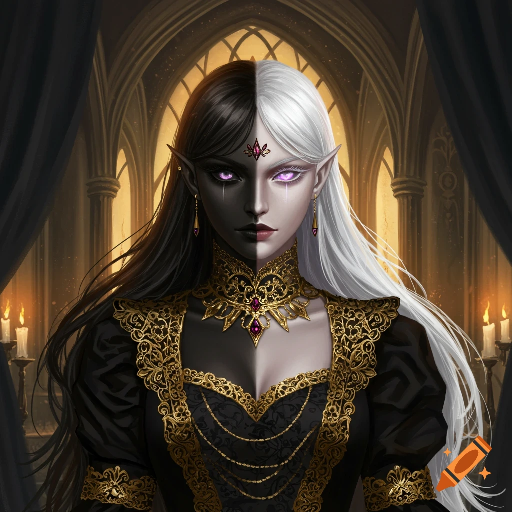A regal fantasy empress with half black and half white hair, glowing purple eyes, and pointy ears wears a black and gold gown in a gothic interior.