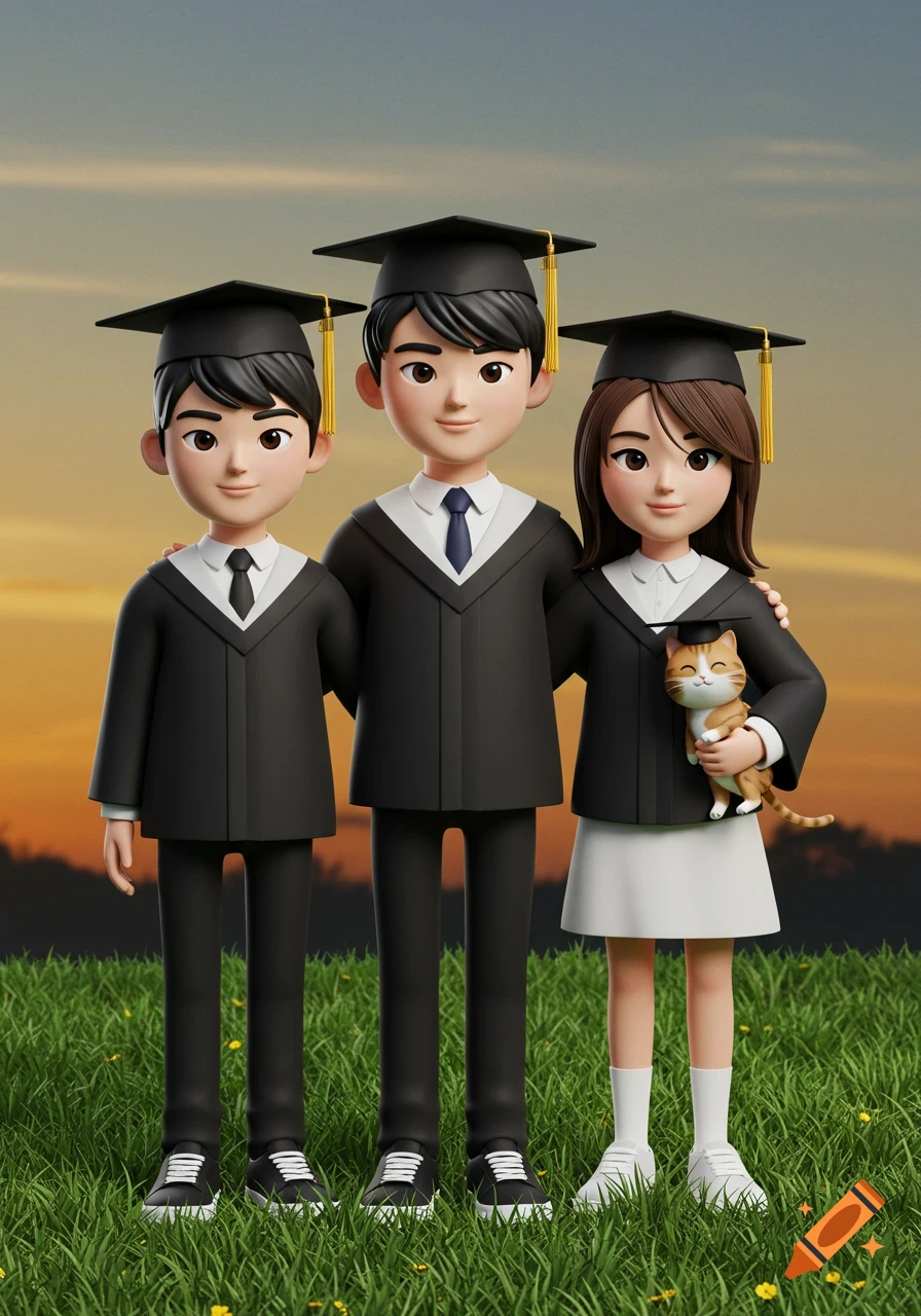 Two stylized young adults and a tabby cat, all wearing graduation caps and gowns, stand on grass in a 3D render.