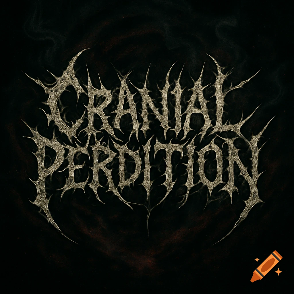 Stylized death metal logo with 'CRANIAL PERDITION' in spiky, bone-like font on a dark, smoky background.