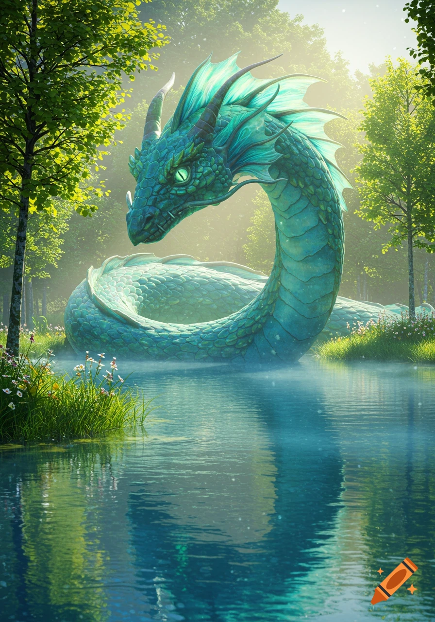 A large, teal-green dragon emerges from a misty lake surrounded by a sunlit forest.