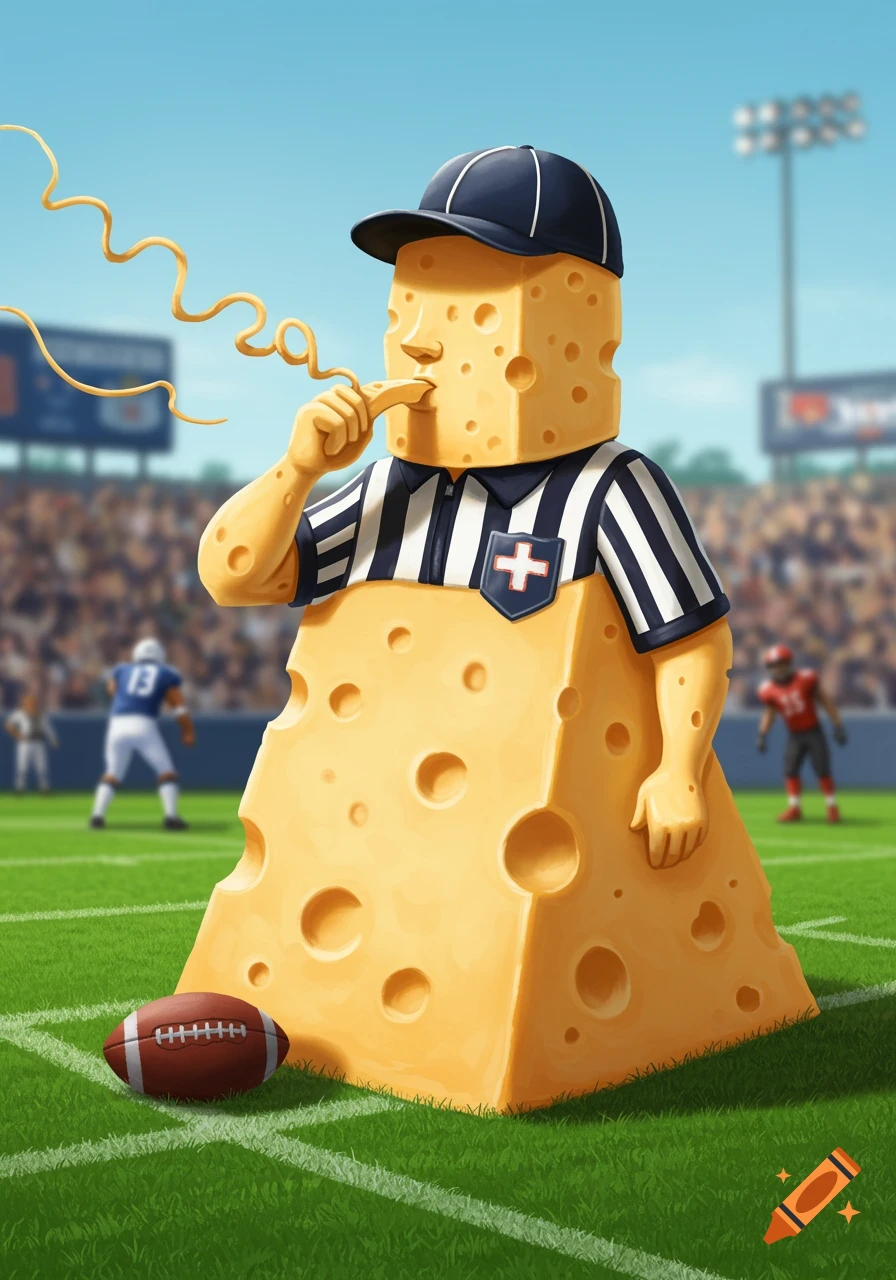 A cartoon block of Swiss cheese dressed as a football referee, blowing a whistle on a football field.