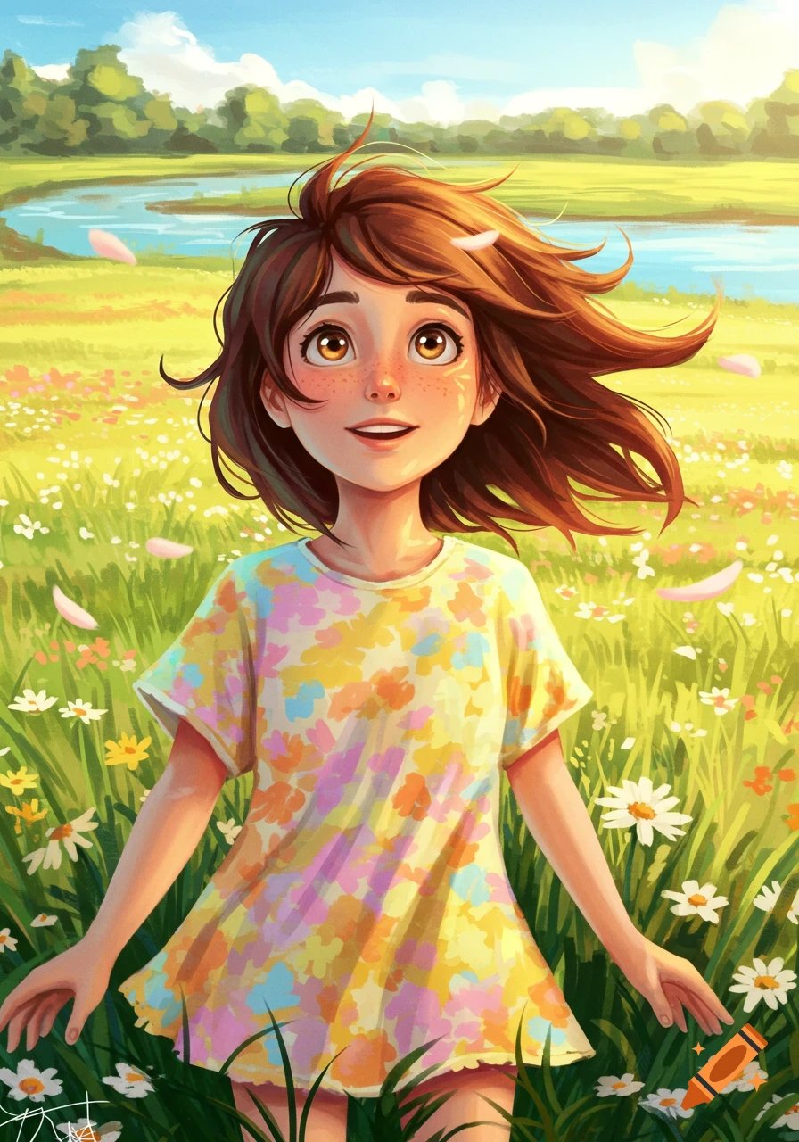 A happy brown-haired girl with freckles in a colorful floral dress stands in a vibrant flowery field under a bright sky, in an illustrated style.