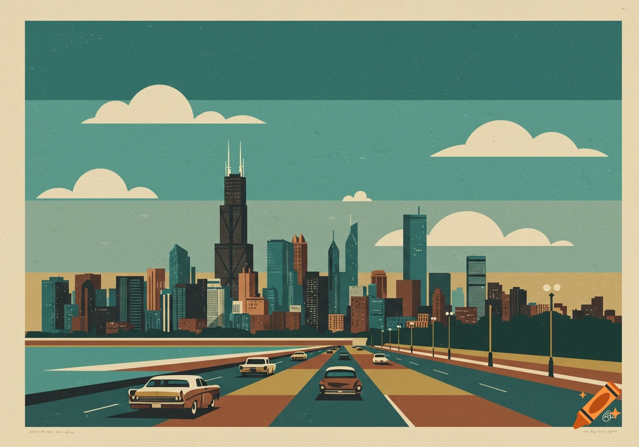 A retro-style art print depicting a Chicago city skyline with the Willis Tower, and a highway with cars in the foreground, under a sky with stylized clouds.