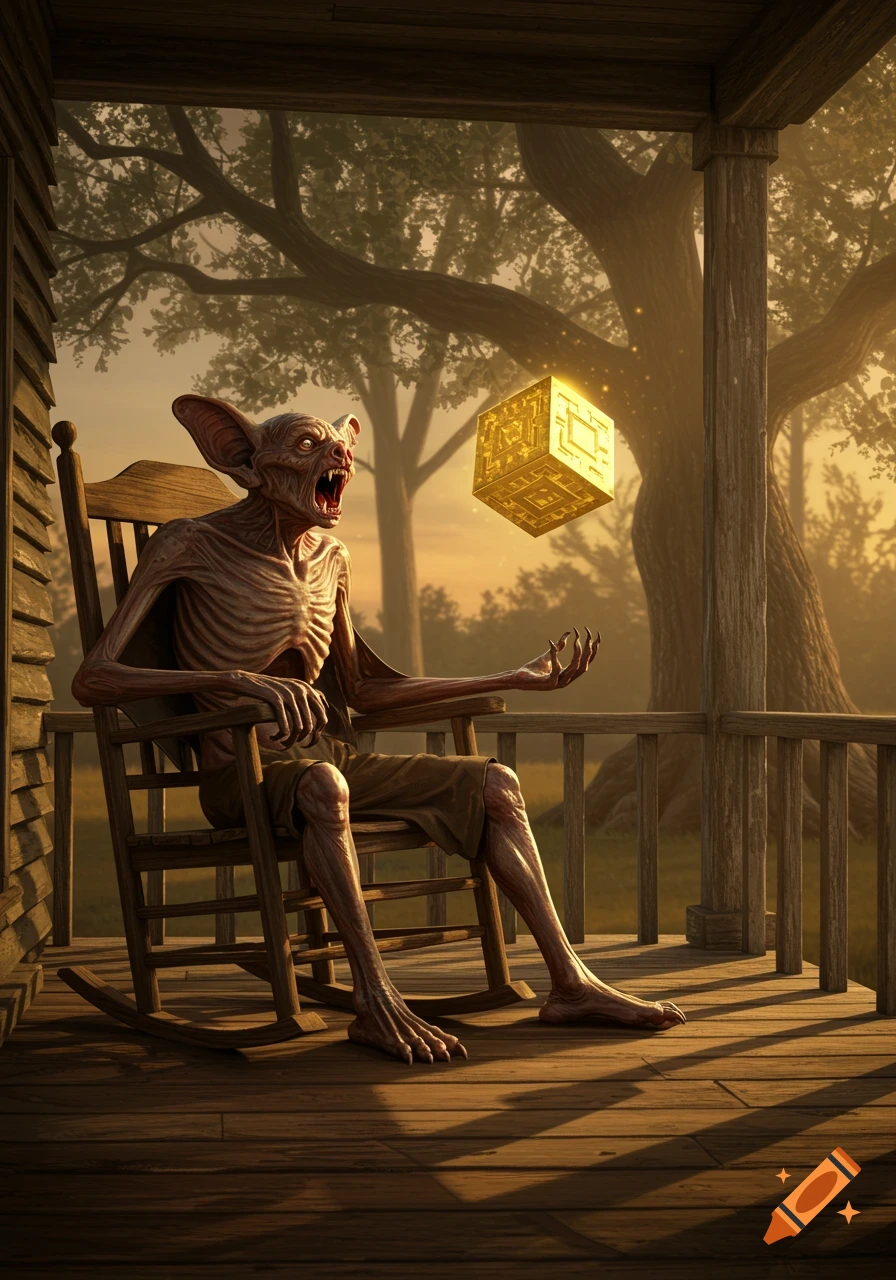 A gaunt, bat-like creature with large ears sits on a wooden rocking chair on a porch, yelling at a glowing golden cube floating nearby. Trees are visible in the background.