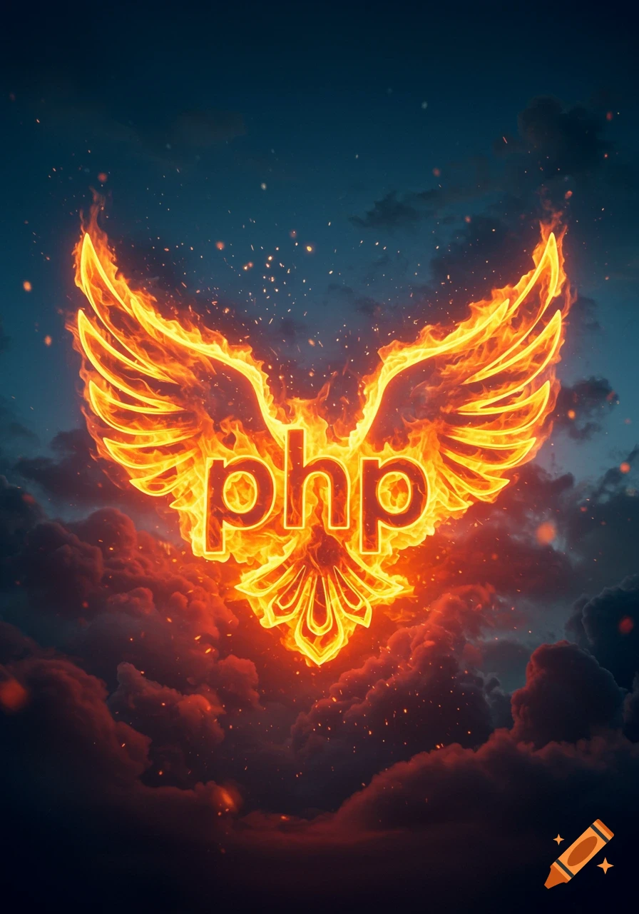A fiery PHP logo shaped like a phoenix rising from orange clouds against a dark blue sky, with sparks flying.