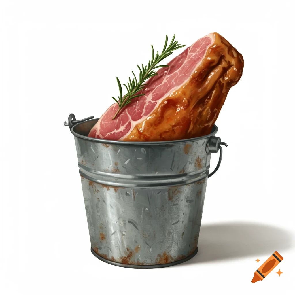 A piece of ham with a sprig of rosemary sticking out of a rustic metal bucket on a white background.