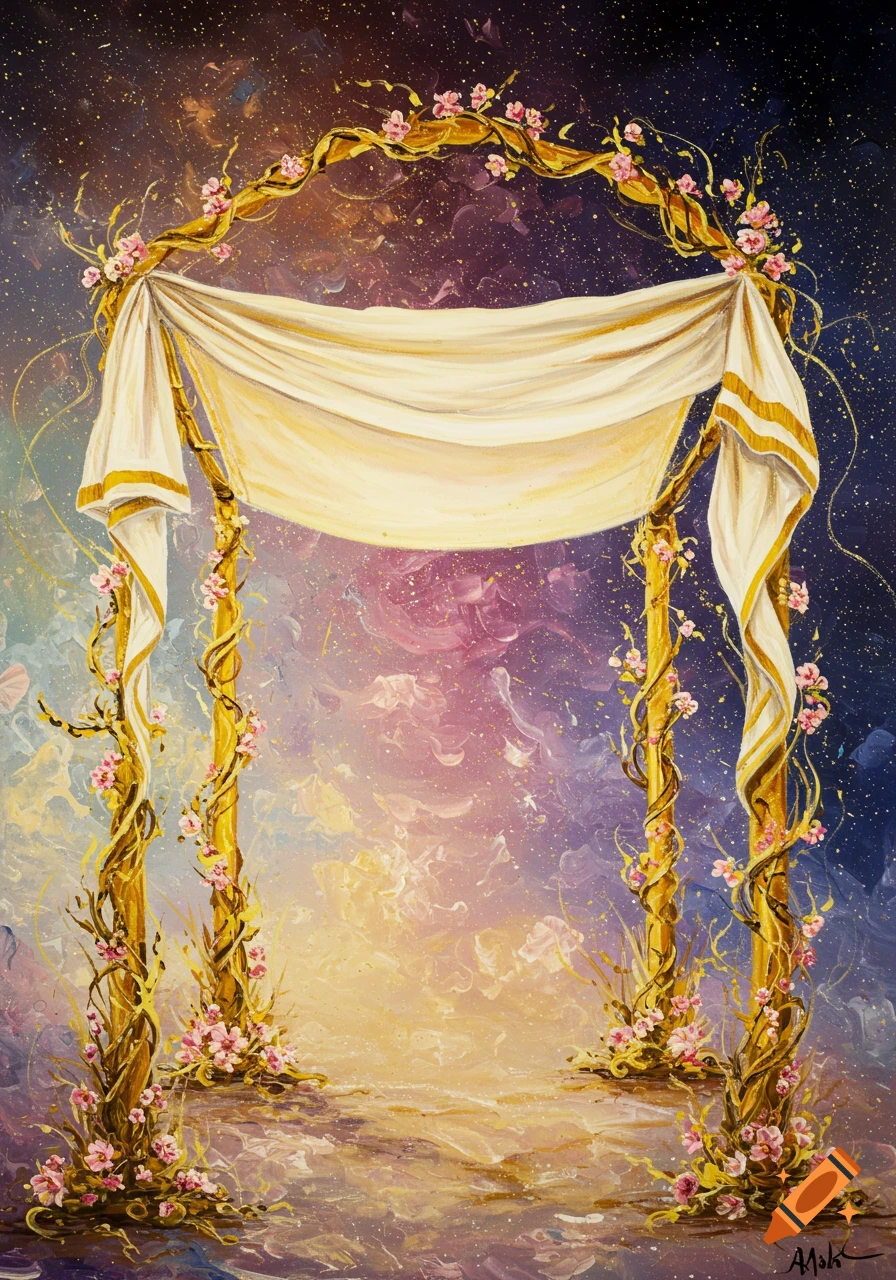 A vibrant abstract painting of a golden chuppah adorned with pink flowers and vines, under a starry, colorful sky.