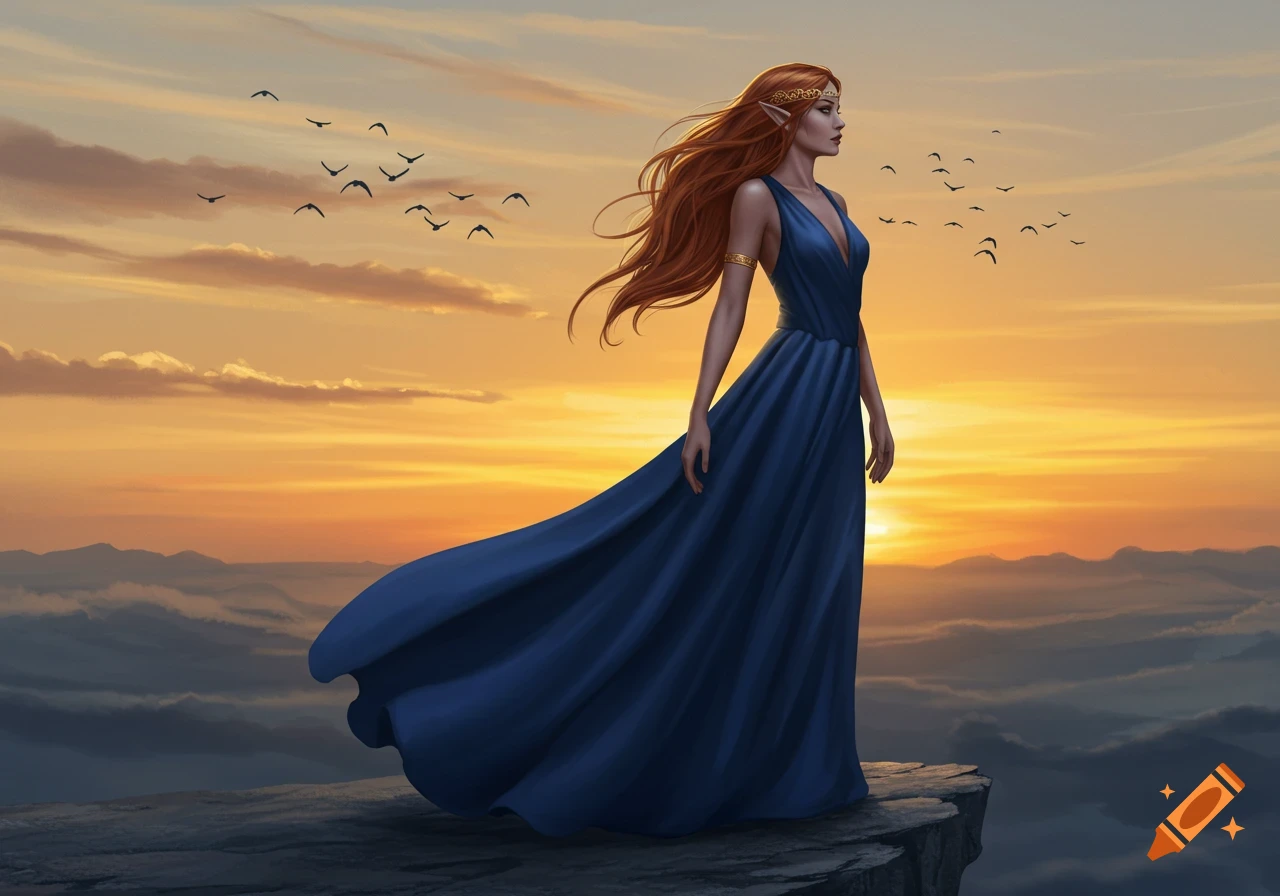 Red-haired elf-like woman in a flowing deep blue gown stands on a cliff edge against a vibrant sunset sky with birds.