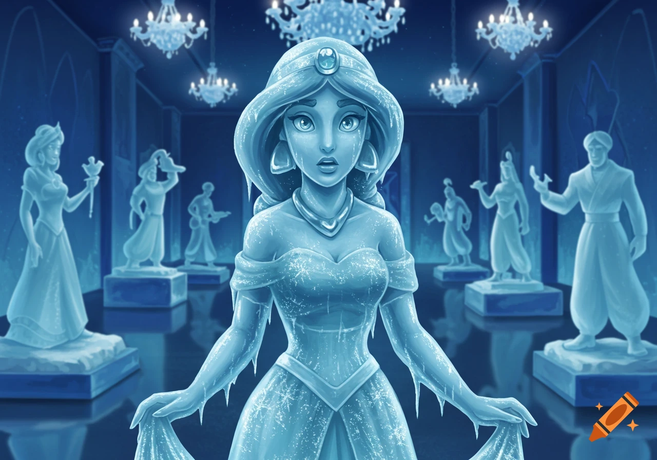Princess Jasmine as a surprised ice statue in a blue ice museum with chandeliers and other ice figures.