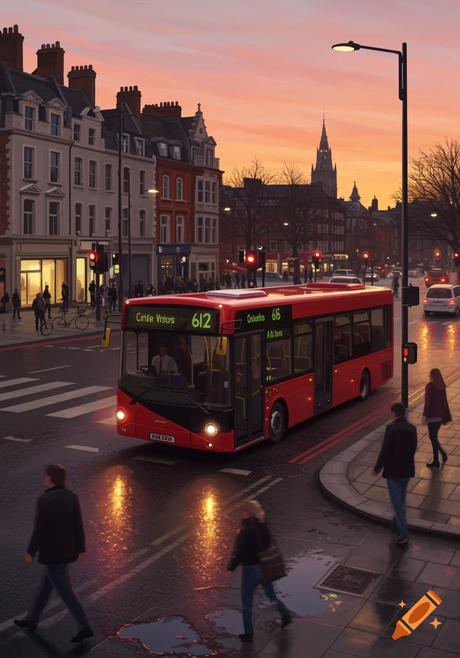 A vibrant street scene at dusk, with a red single-decker bus at a crossroads on a wet road, reflecting the warm orange sunset sky. Pedestrians walk on sidewalks next to historic buildings.