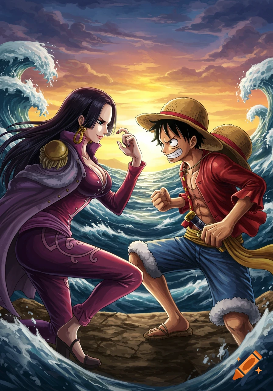 Anime style illustration of Boa Hancock and Monkey D. Luffy facing each other on rocks amidst ocean waves at sunset.
