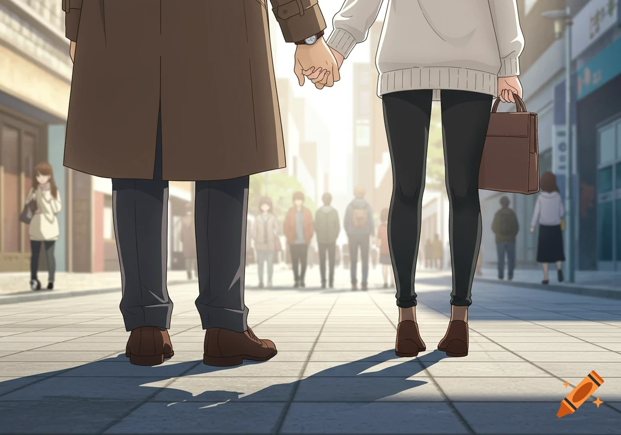 Anime couple holding hands, viewed from a low angle on a busy urban street with blurry background figures.