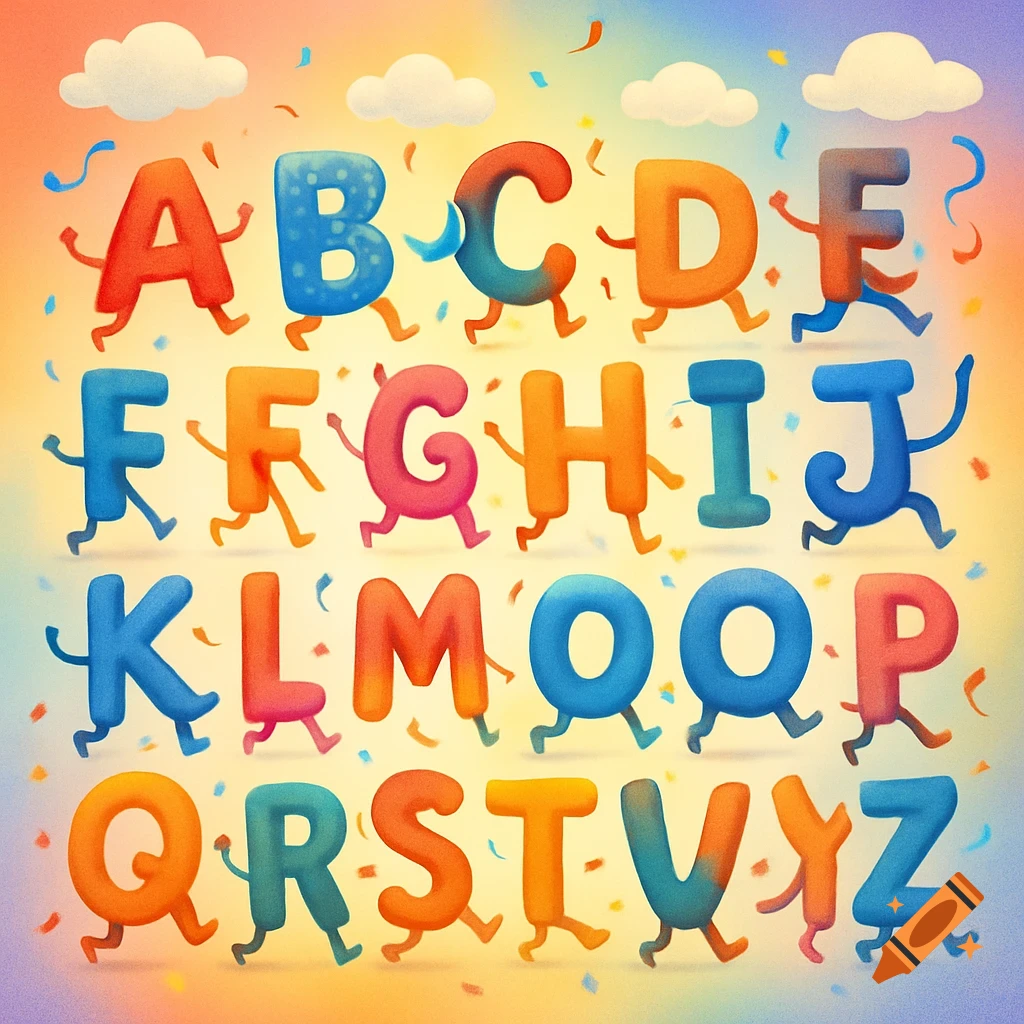 Colorful cartoon alphabet letters A through Z with arms and legs, running and dancing amidst confetti on a soft pastel background.
