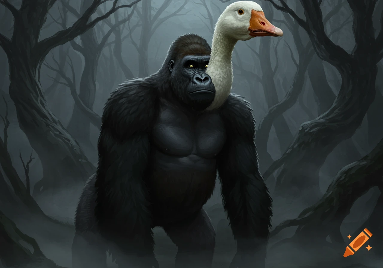 A dark-furred gorilla with a white goose head and glowing yellow eyes stands in a misty, gnarled forest, in an eerie fantasy illustration.