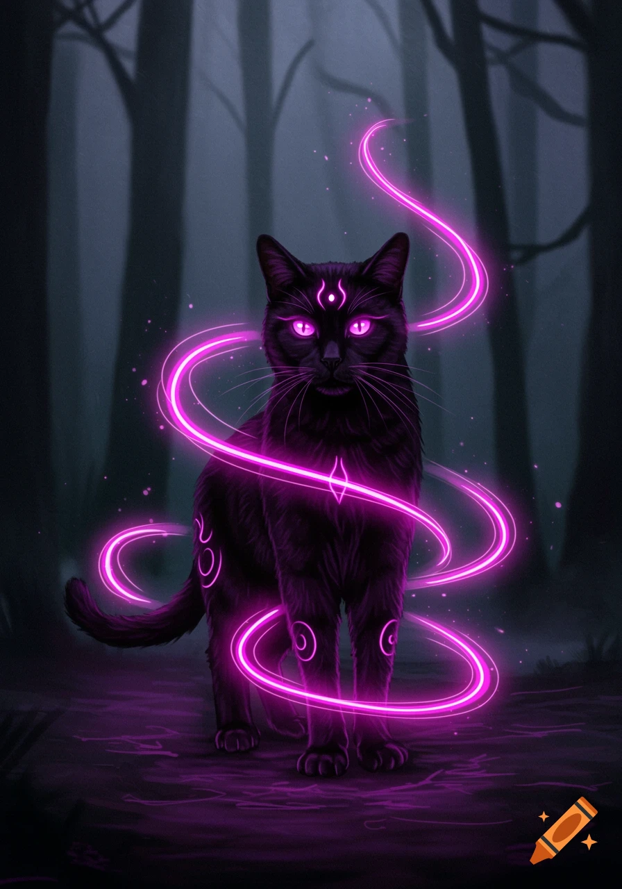 A mystical black cat with glowing purple eyes and markings, surrounded by swirling pinkish-purple light, stands in a shadowy forest.