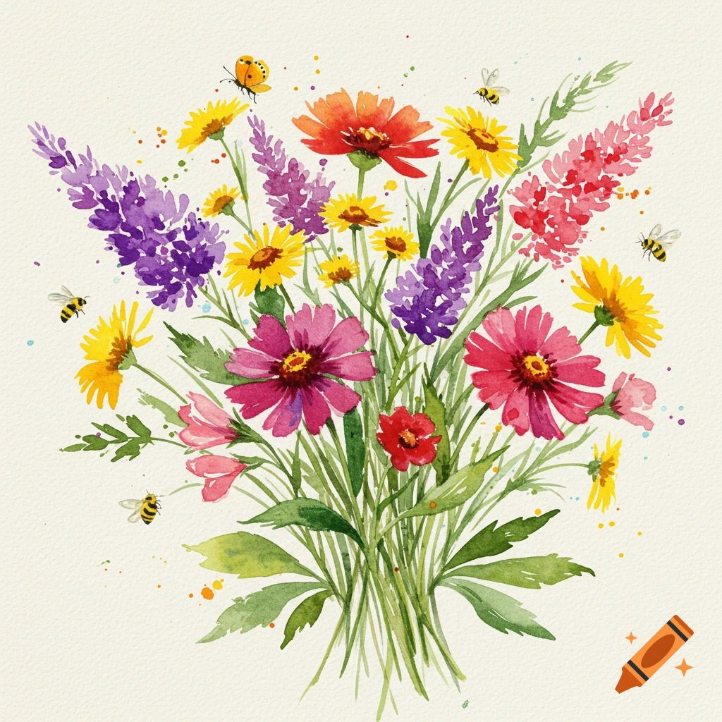 A vibrant watercolor bouquet of colorful flowers in shades of purple, yellow, pink, and red, with bees and a butterfly.