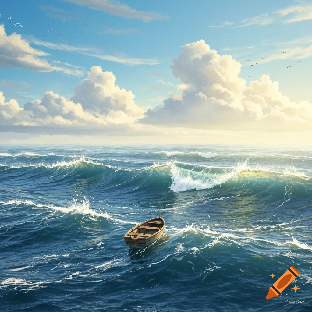 A small wooden boat floats on a vast, wavy blue ocean under a bright sky with large white clouds and birds.