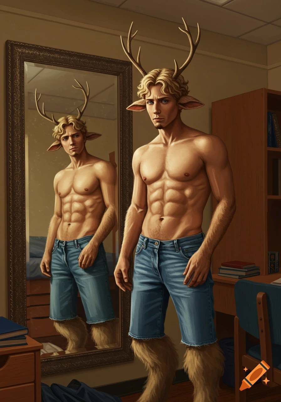 A shirtless blond satyr with antlers and jean shorts looks at his reflection in a mirror in a room.