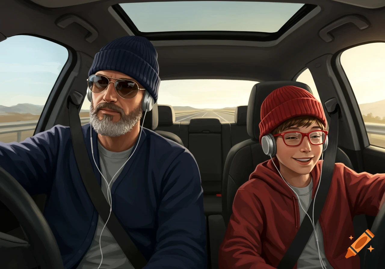 An illustration of a dad and his teen son in a car, both wearing beanies, headphones, and sunglasses, on a road trip.