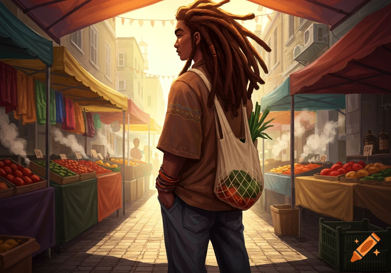 Illustrative depiction of a person with dreadlocks standing in a vibrant, sunlit outdoor market, looking away from the camera.