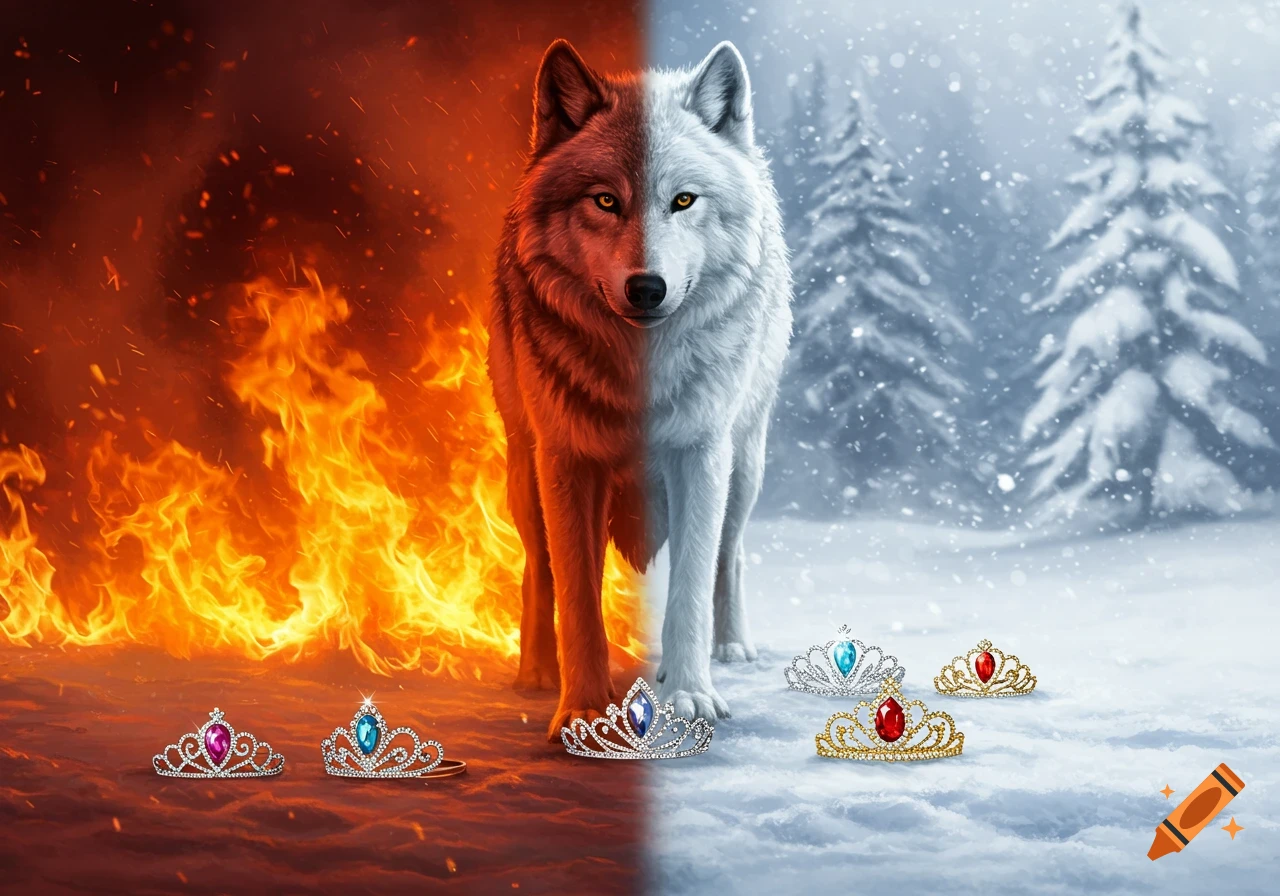 A mystical wolf, half red with fire and half white with snow, stands on a fiery and snowy ground with princess tiaras.