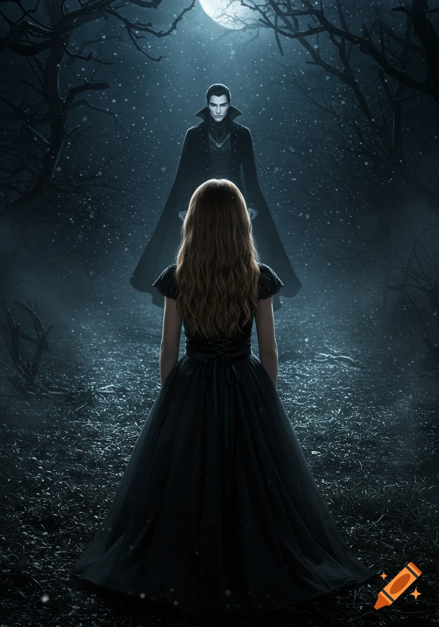 A girl in a black gown stands in a dark, snowy forest, facing a vampire under a full moon, photorealistic.