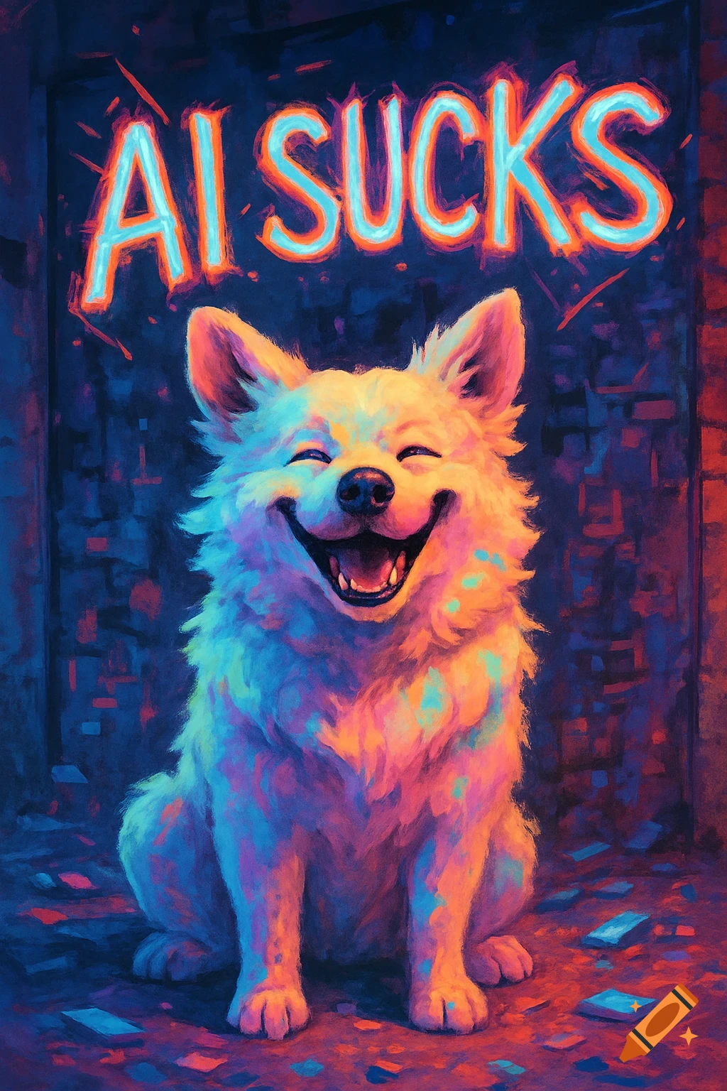 A colorful, happy dog sits beneath neon text that reads 'AI SUCKS' in a vibrant, painterly style.