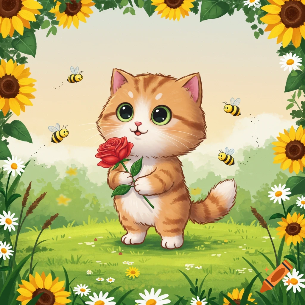 A cute cartoon ginger and white kitten with big green eyes holds a red rose in a field with sunflowers, daisies, and flying bees.