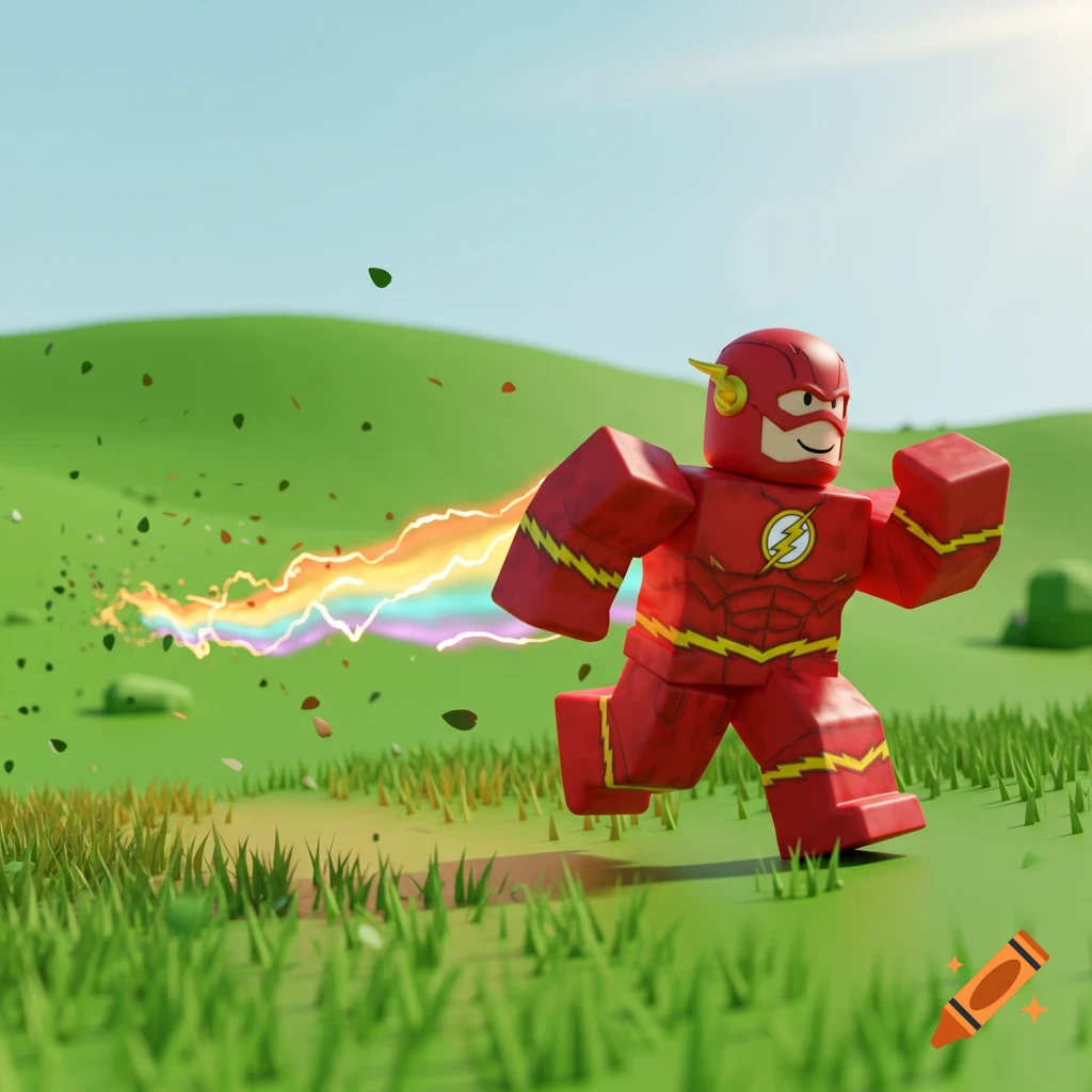 Roblox-style Flash character runs across a green field, leaving a rainbow trail under a blue sky.