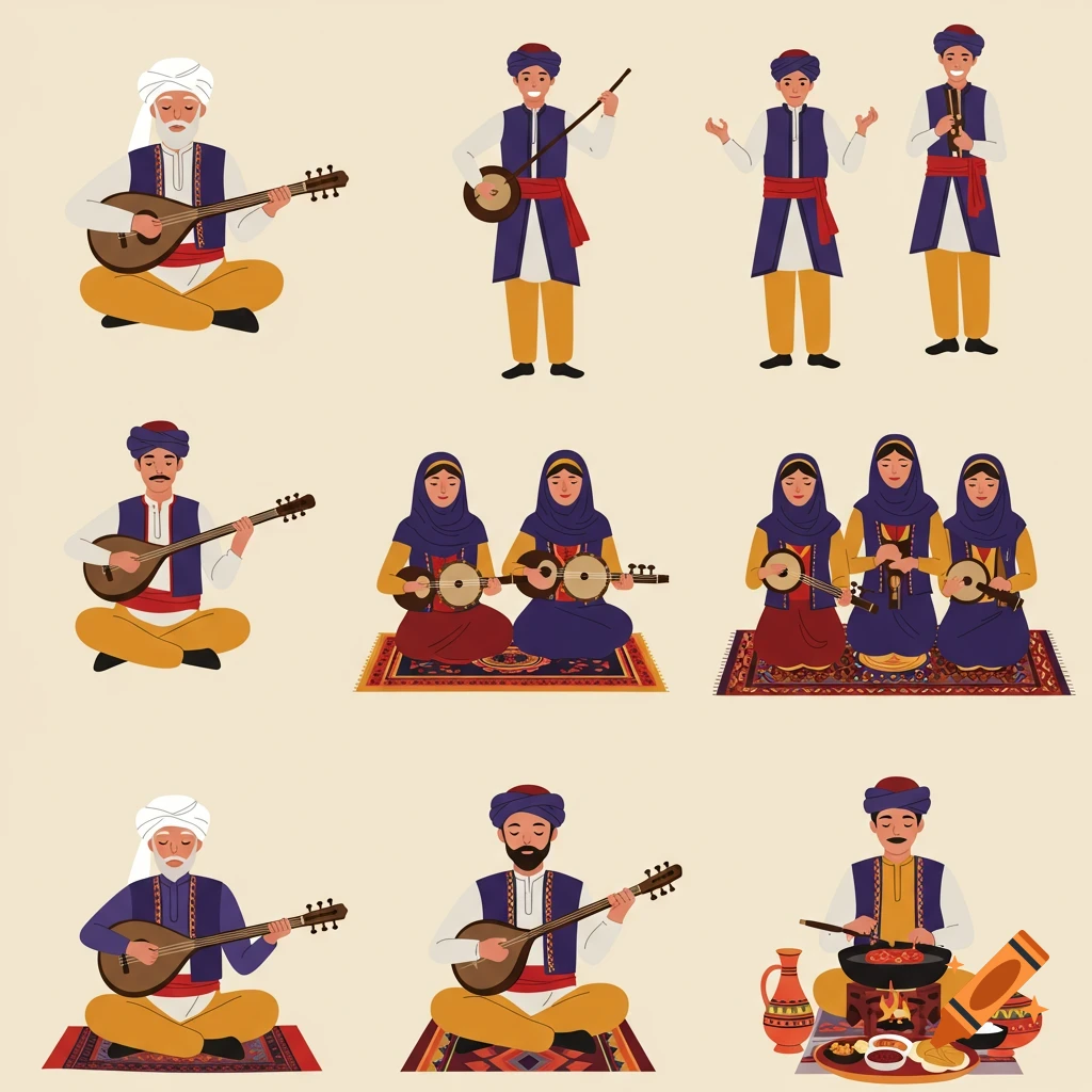 Minimalist flat vector illustrations of people in traditional clothing playing musical instruments and preparing food.