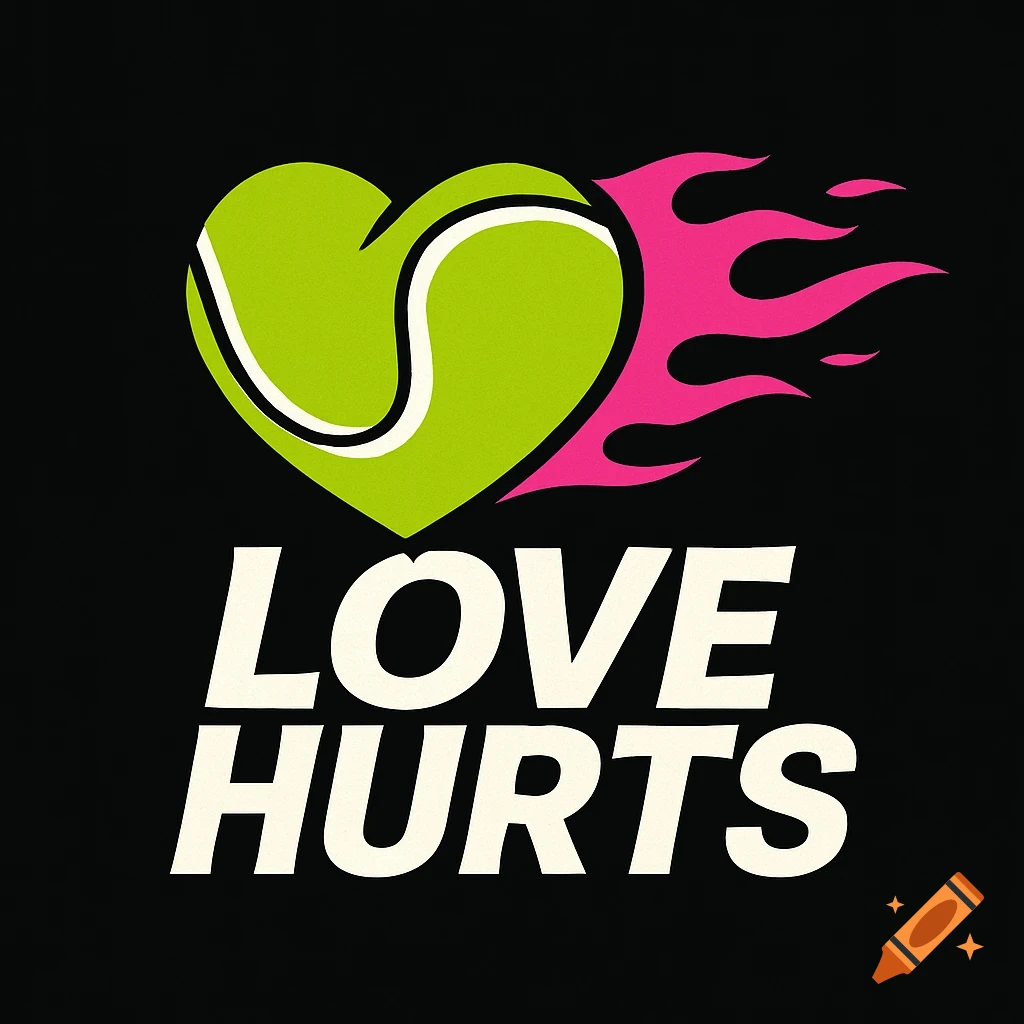Logo of a heart-shaped tennis ball with pink flames and the text LOVE HURTS on a black background.