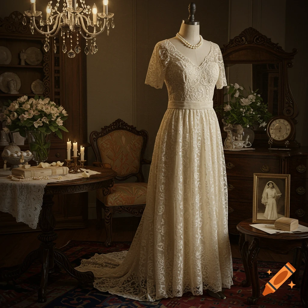 Photorealistic image of a vintage wedding dress on a mannequin in an elegant room with a chandelier and period furniture.