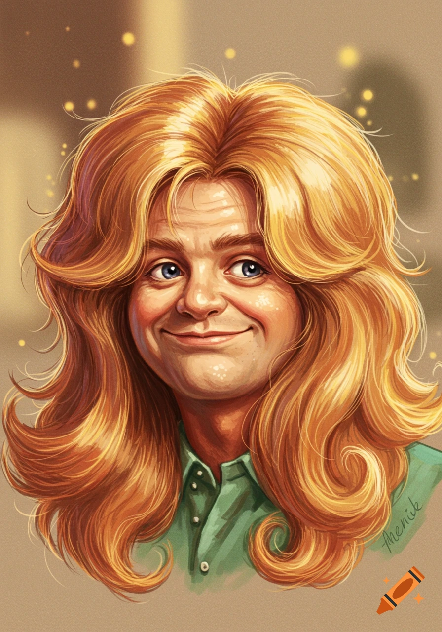 A stylized portrait of a man with voluminous blonde hair and a green collared shirt, smiling subtly.