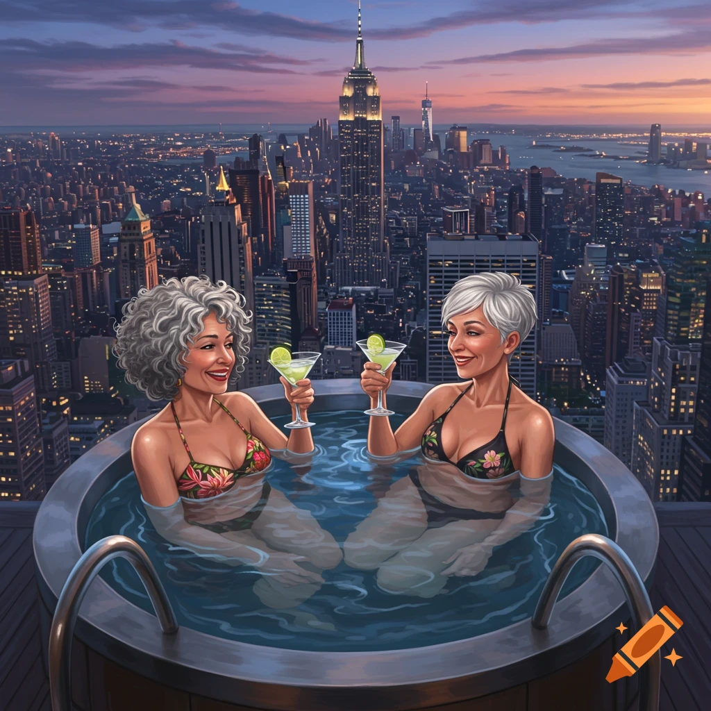 Two smiling women in bikinis in a rooftop hot tub with cocktails, overlooking the New York City skyline at sunset.