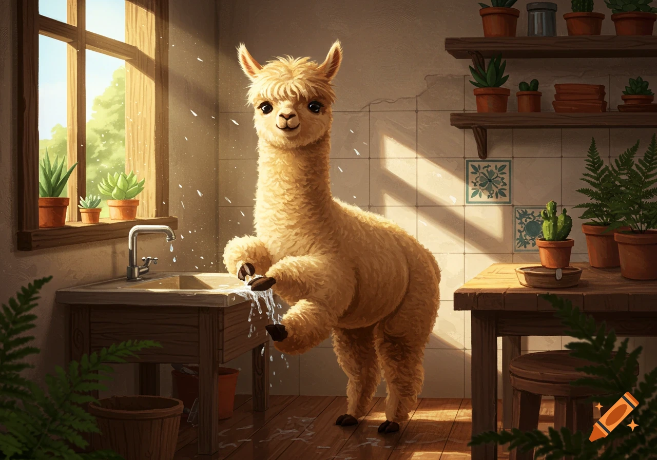 A fluffy, light brown alpaca stands on two legs at a kitchen sink, washing its hands under running water, in a bright, illustrative style.