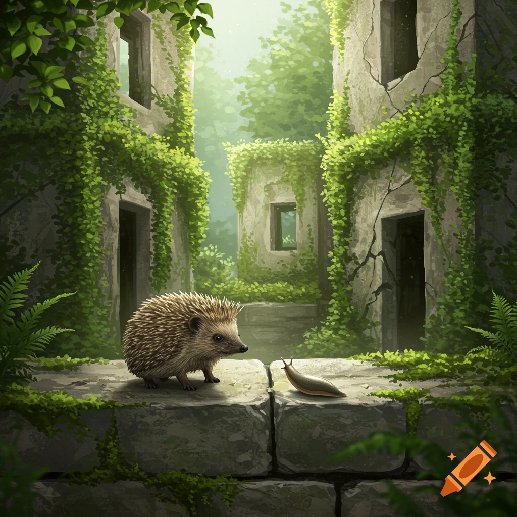 A hedgehog stands on a mossy stone wall, looking at a slug, surrounded by ivy-covered ancient ruins and lush foliage.