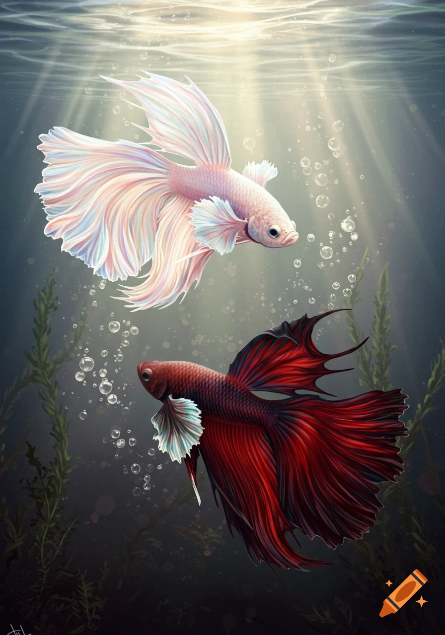 Illustrated white and red betta fish swim in sunlit water with bubbles and plants.