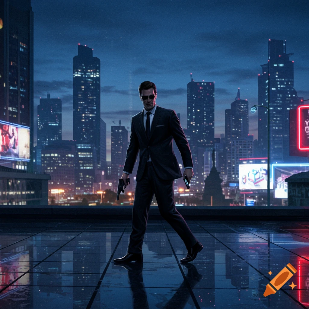 A man in a black suit and sunglasses, resembling a spy, stands on a wet rooftop at night holding two pistols, with a glowing city skyline in the background.
